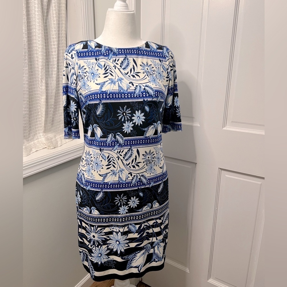#135 ELIZA J • FLORAL STRIPED • 3/4 SLEEVE SHIFT DRESS